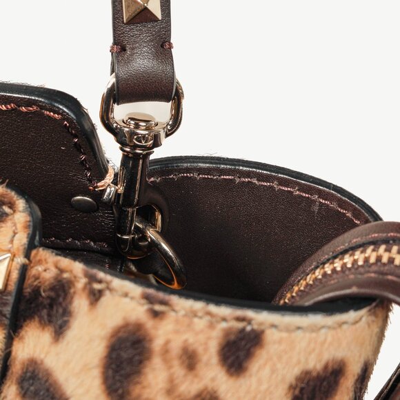 Valentino Brown Leopard Calf Hair Golden Rockstud Double Handle Tote - Picture 7 of 15